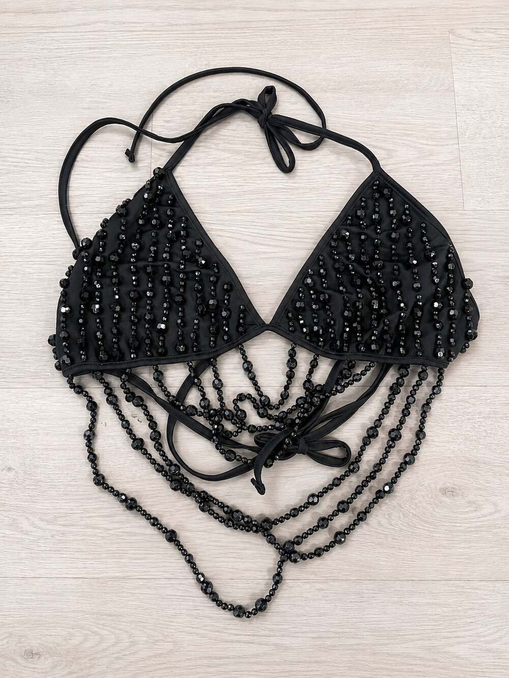 Edikted Women's Beaded Bra Cowl Neck Halter Top Large Black Party Festival